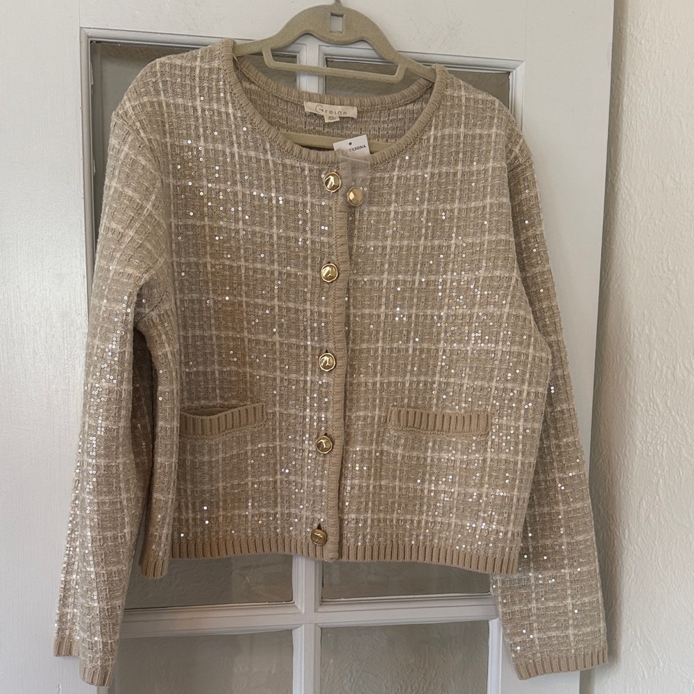 Chic Beige Plaid Cardigan with Gold Buttons